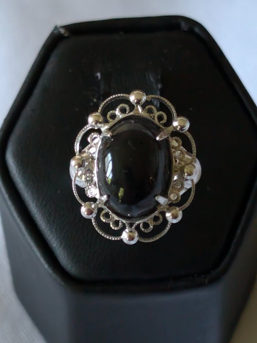 Vintage Sorrento Silver Noir Romantique Victorian Gothic Filigree Onyx Ring